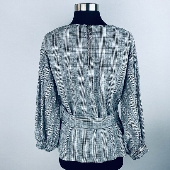 Zara TRF Collection Black & White Plaid Balloon Sleeve Belted Women's S Top - Picture 7 of 9